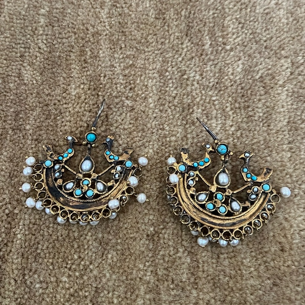 Gypsy Handmade gold, turquoise and pearl earrings
